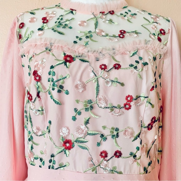 Simplee Plus Pink & Green Embroidered Floral Tulle Mesh Swiss Dot Print Dress. - Picture 3 of 10